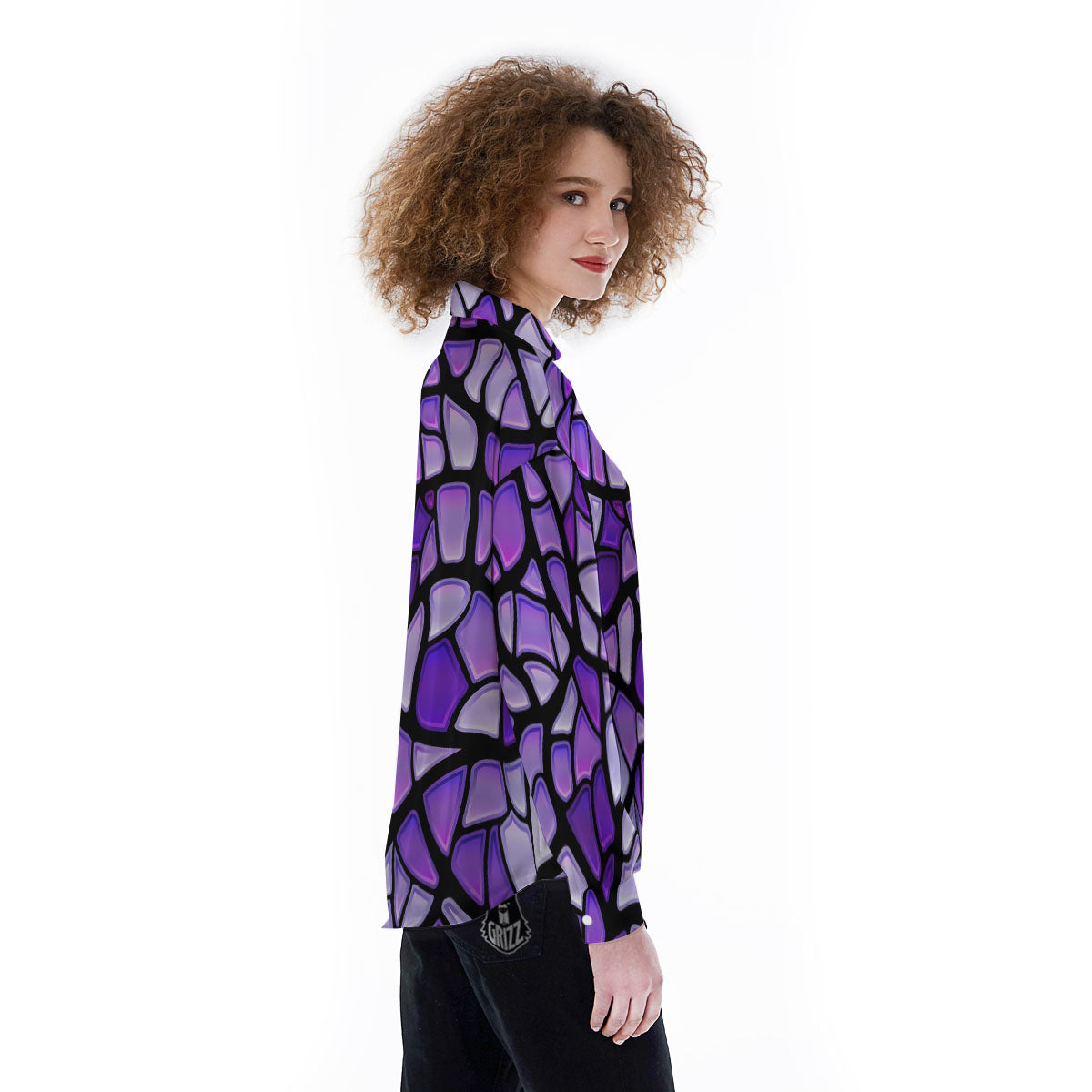 Stained Glass Mosaic Purple Print Women's Long Sleeve Shirts-grizzshop