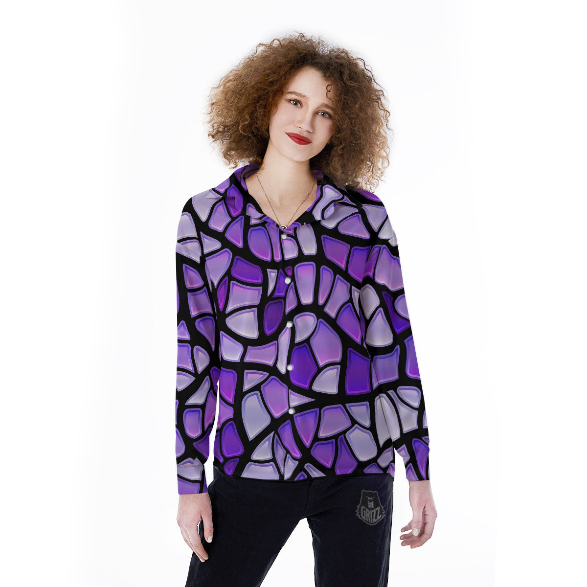 Stained Glass Mosaic Purple Print Women's Long Sleeve Shirts-grizzshop