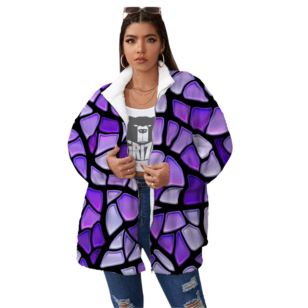 Stained Glass Mosaic Purple Print Women's Sherpa Jacket-grizzshop