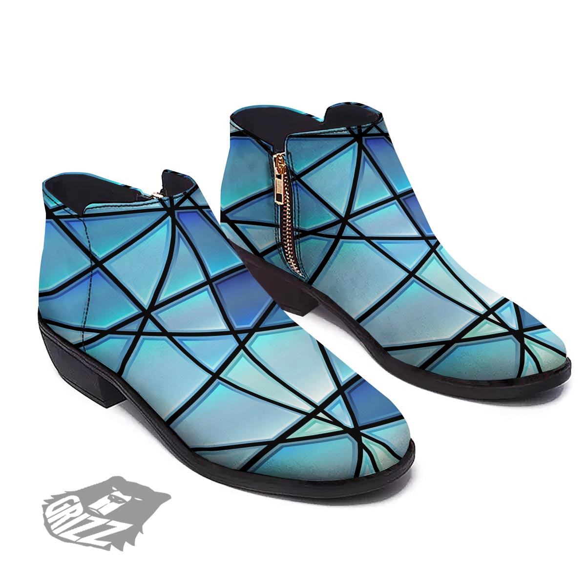 Stained Glass Mosaic Teal Print Ankle Boots-grizzshop