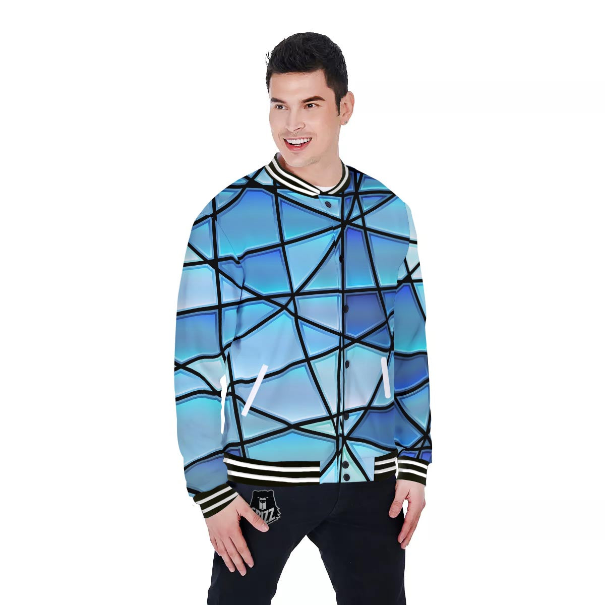 Stained Glass Mosaic Teal Print Baseball Jacket-grizzshop