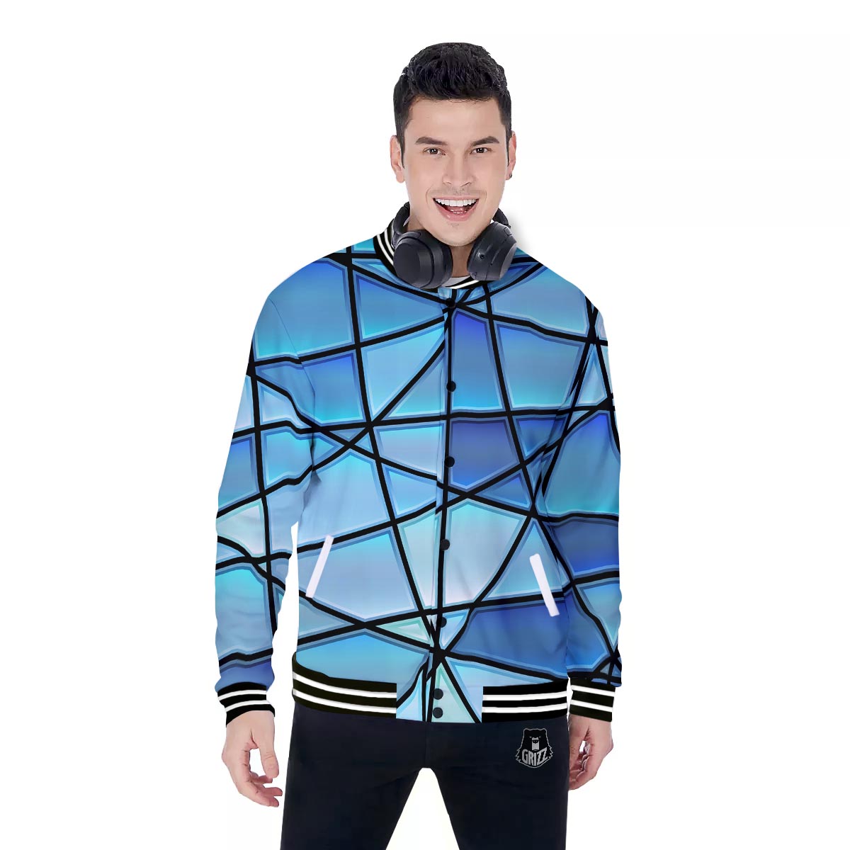 Stained Glass Mosaic Teal Print Baseball Jacket-grizzshop