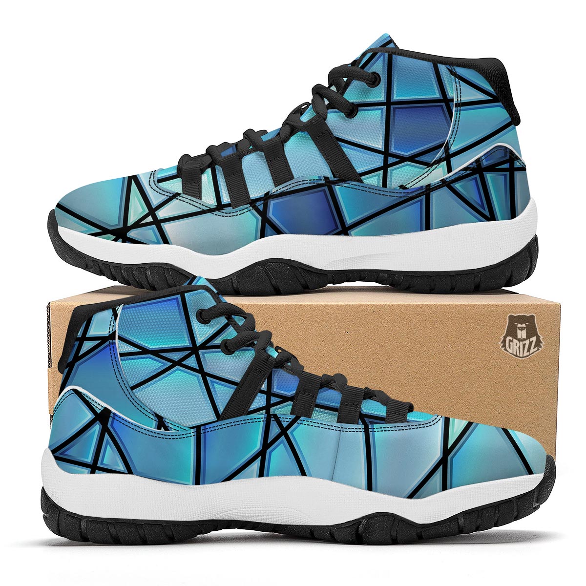 Stained Glass Mosaic Teal Print Black Bball Shoes-grizzshop