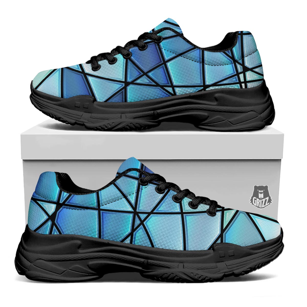 Stained Glass Mosaic Teal Print Black Chunky Shoes-grizzshop