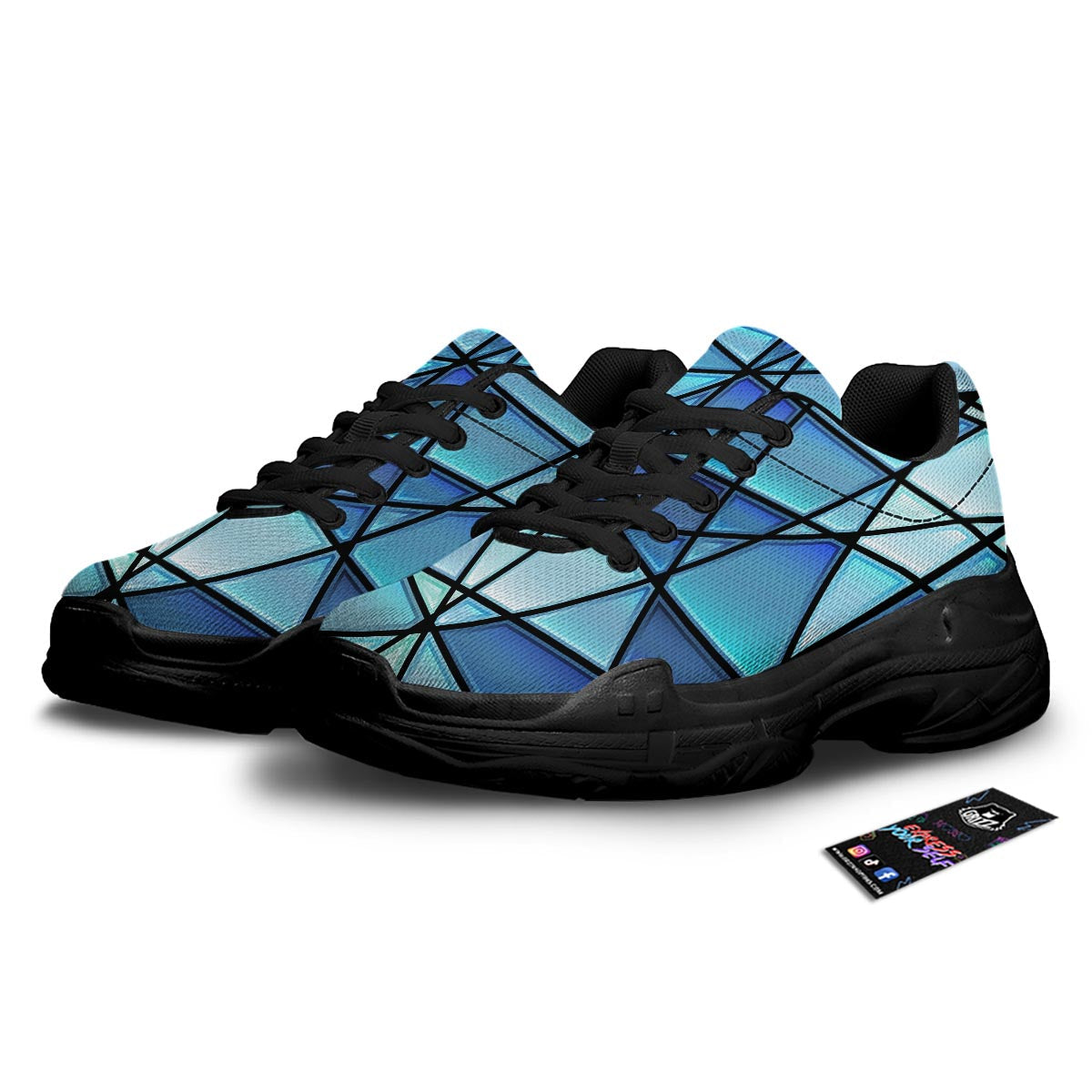 Stained Glass Mosaic Teal Print Black Chunky Shoes-grizzshop