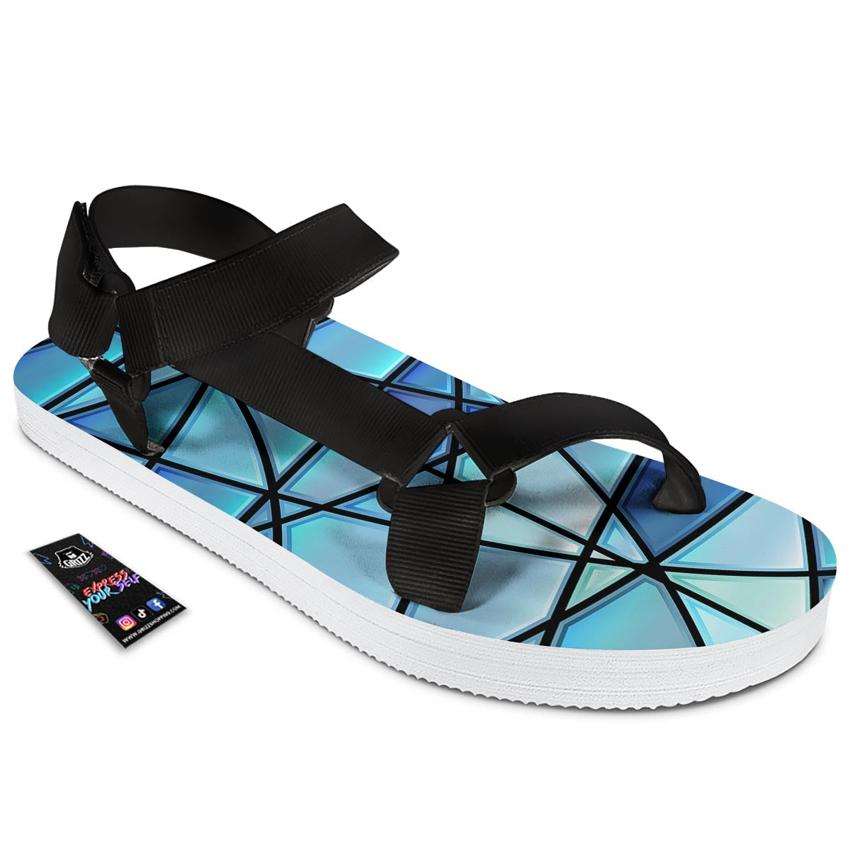Stained Glass Mosaic Teal Print Black Open Toe Sandals-grizzshop