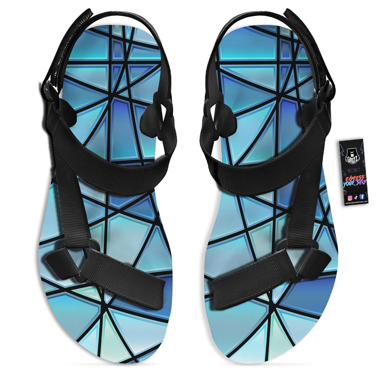 Stained Glass Mosaic Teal Print Black Open Toe Sandals-grizzshop