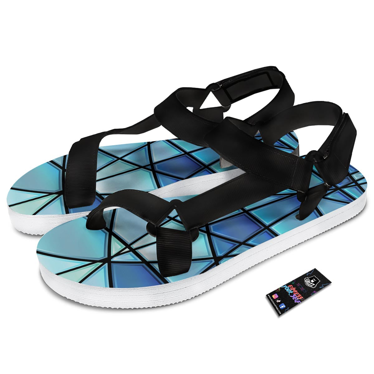 Stained Glass Mosaic Teal Print Black Open Toe Sandals-grizzshop