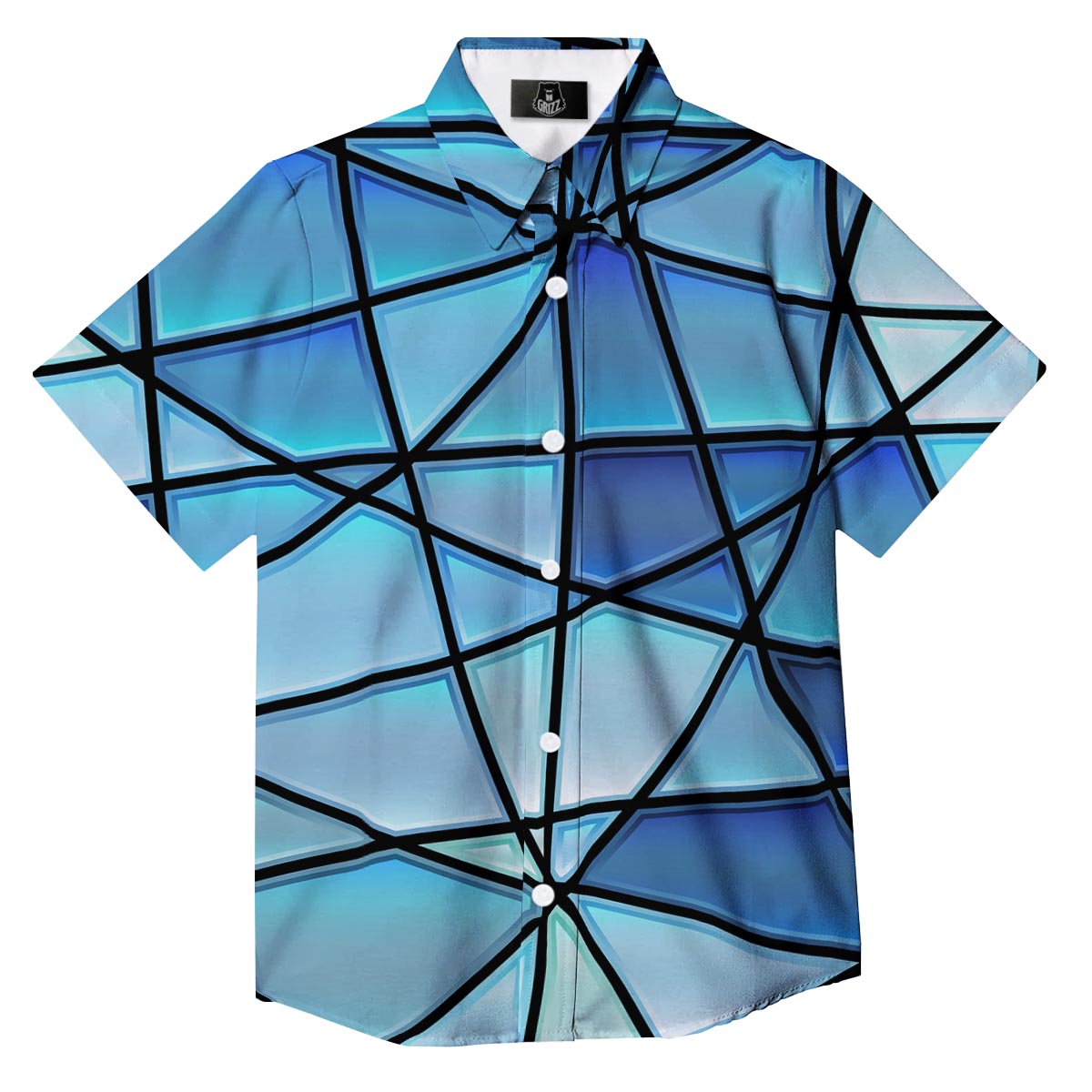 Stained Glass Mosaic Teal Print Button Up Shirt-grizzshop