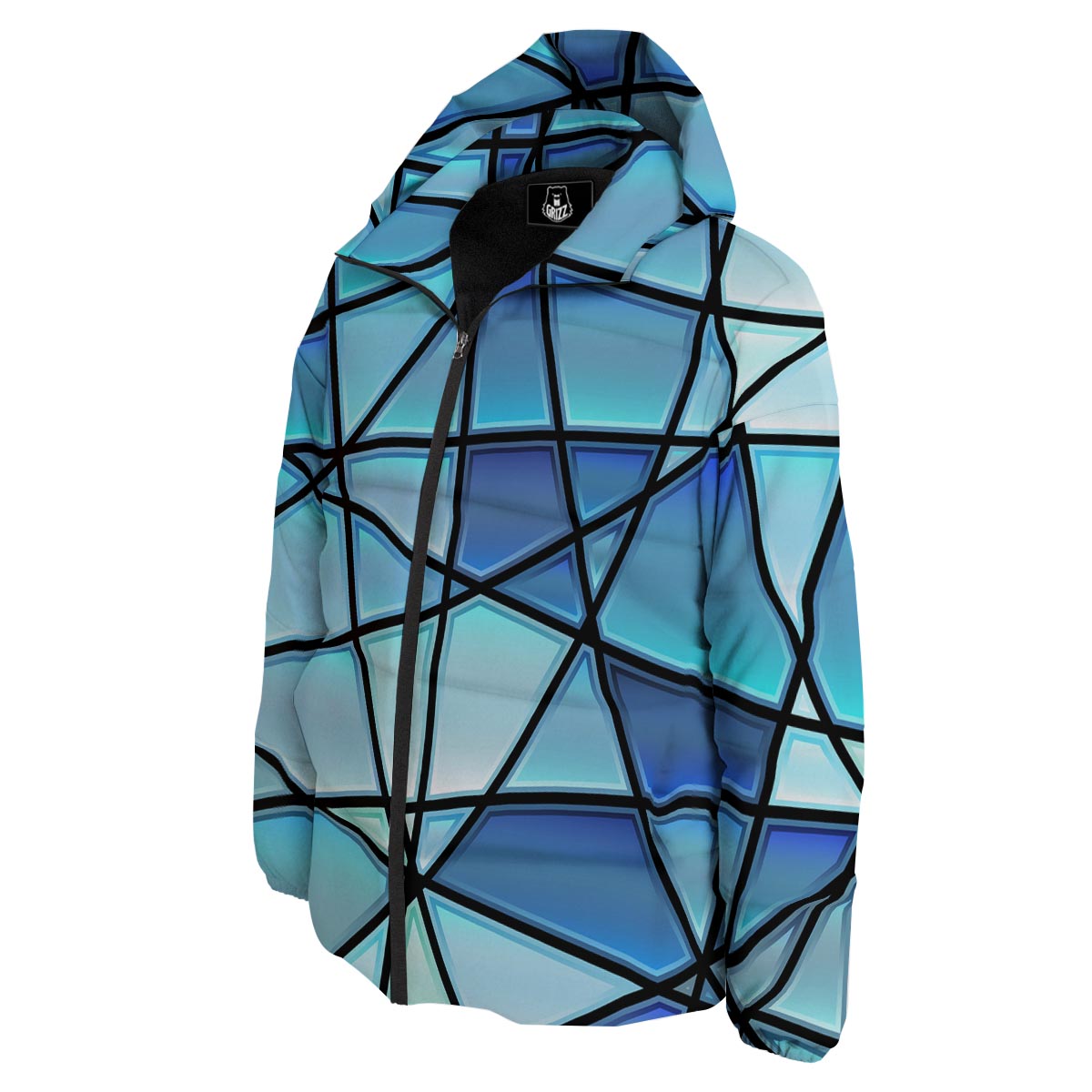 Stained Glass Mosaic Teal Print Down Jacket-grizzshop