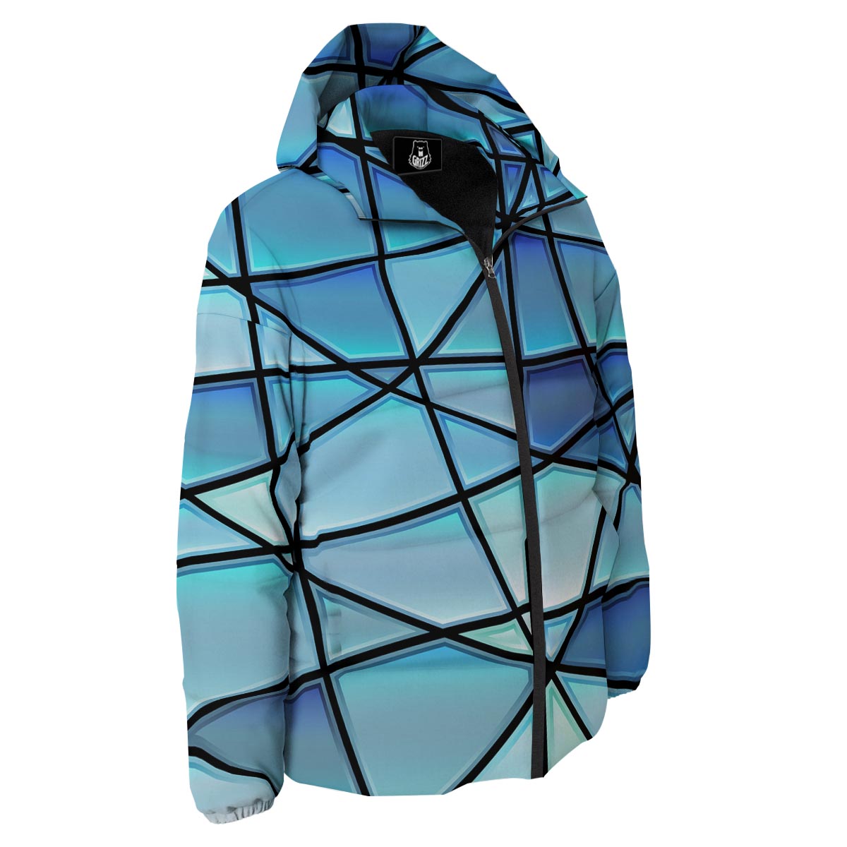 Stained Glass Mosaic Teal Print Down Jacket-grizzshop