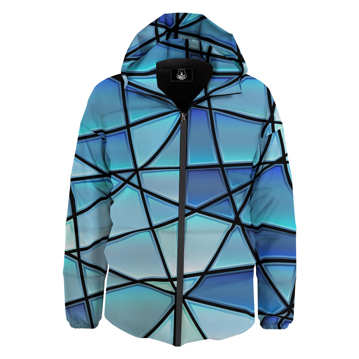 Stained Glass Mosaic Teal Print Down Jacket-grizzshop