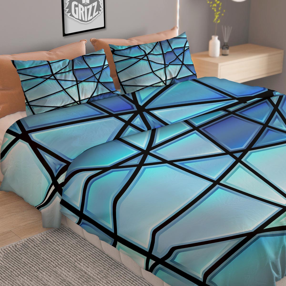 Stained Glass Mosaic Teal Print Duvet Cover Bedding Set