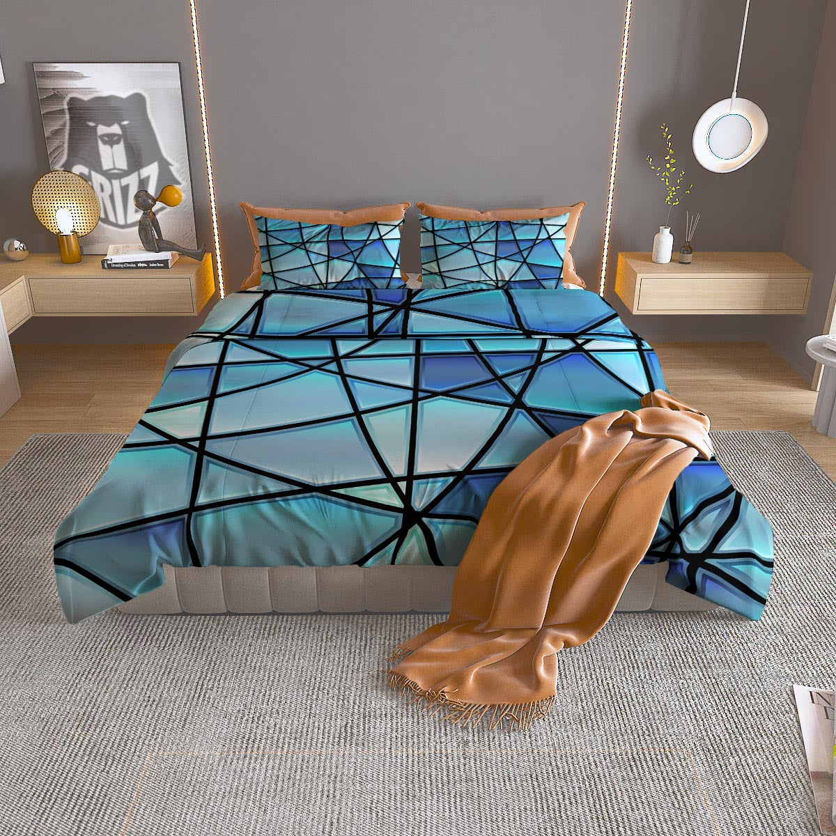 Stained Glass Mosaic Teal Print Duvet Cover Bedding Set