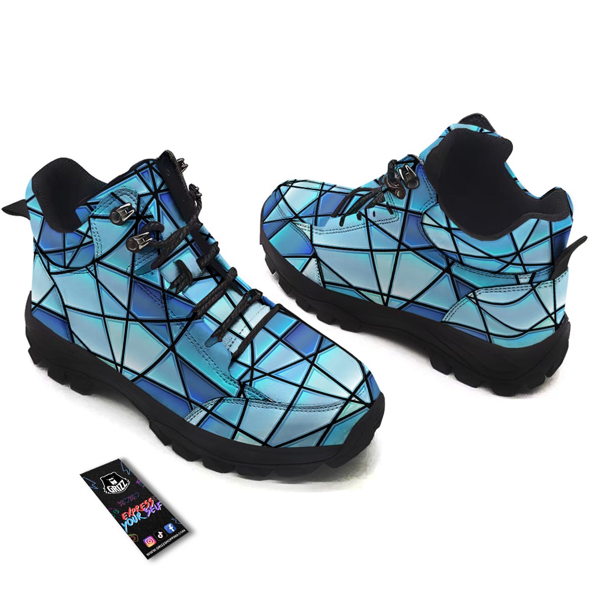 Stained Glass Mosaic Teal Print Hiking Shoes-grizzshop