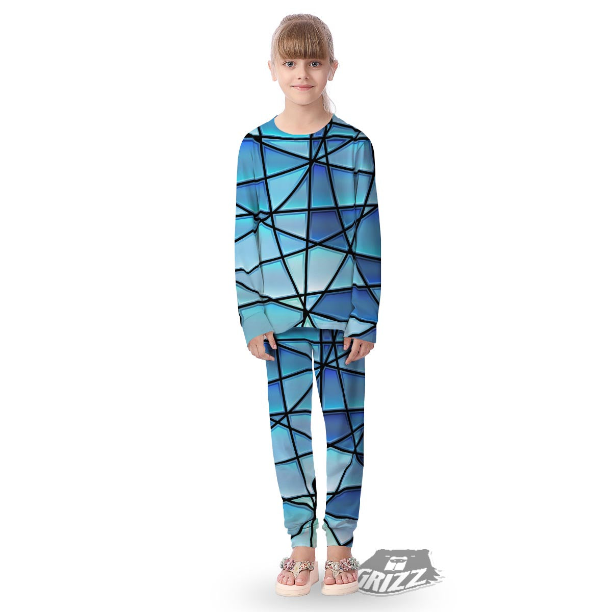 Stained Glass Mosaic Teal Print Kid's Pajamas-grizzshop
