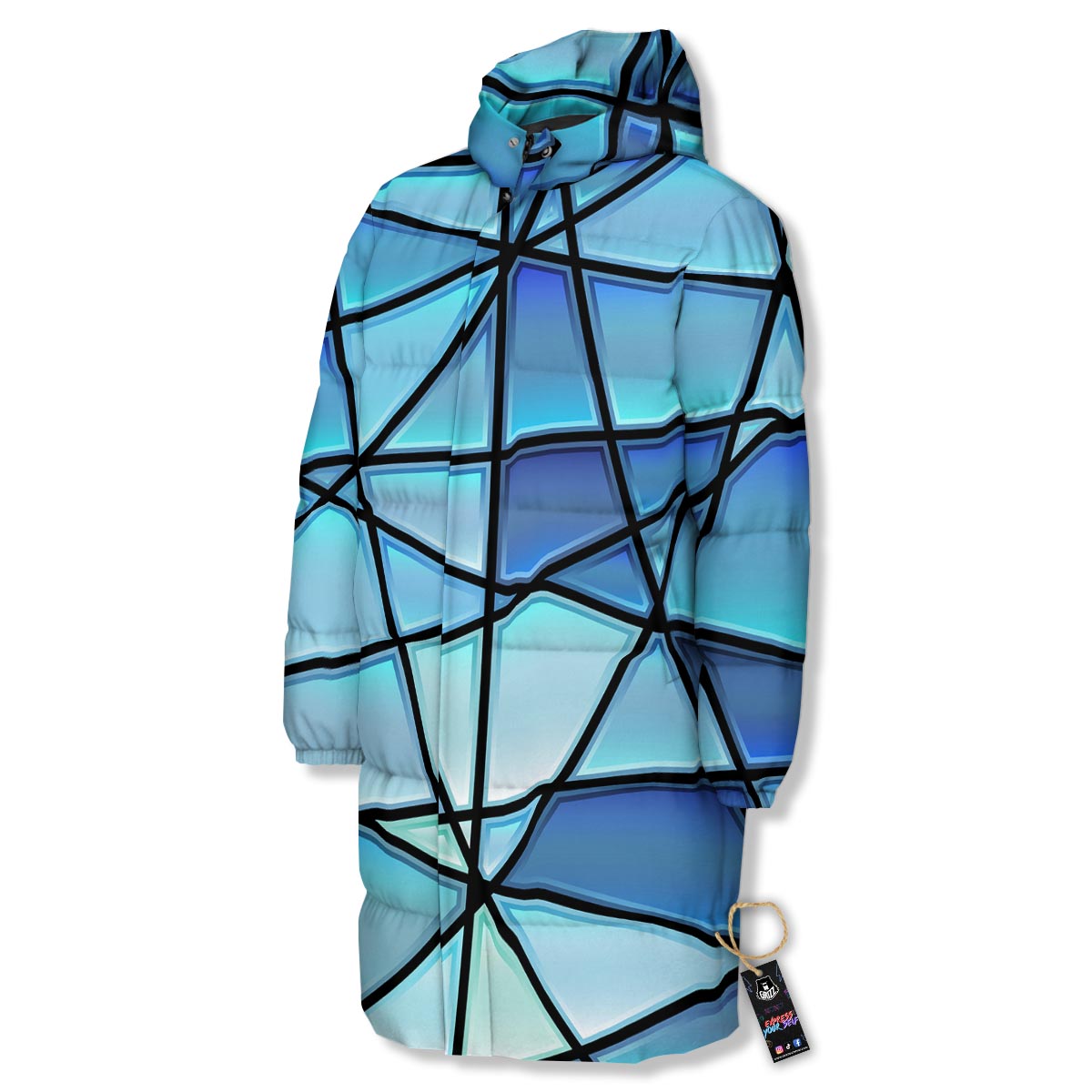 Stained Glass Mosaic Teal Print Long Down Jacket-grizzshop