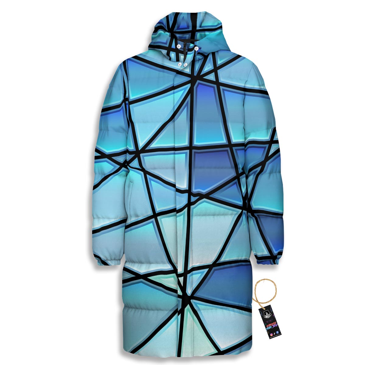 Stained Glass Mosaic Teal Print Long Down Jacket-grizzshop