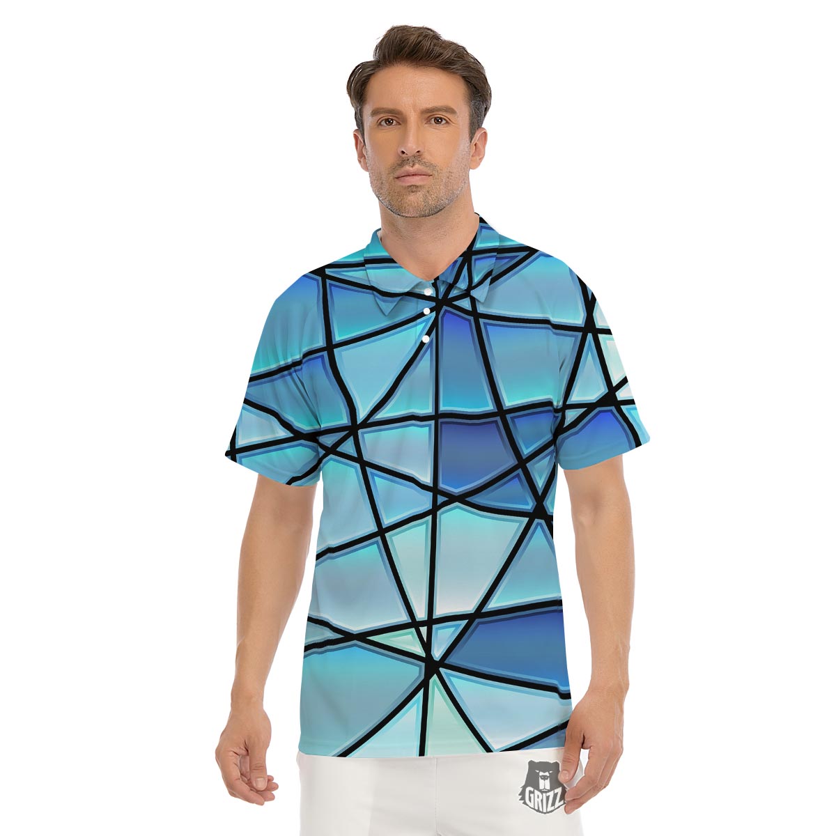 Stained Glass Mosaic Teal Print Men's Golf Shirts-grizzshop