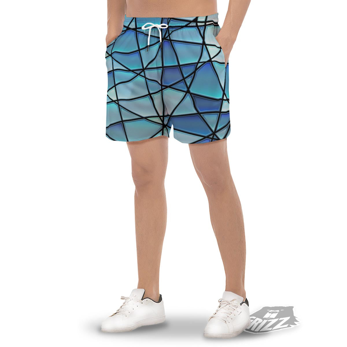 Stained Glass Mosaic Teal Print Men's Gym Shorts-grizzshop