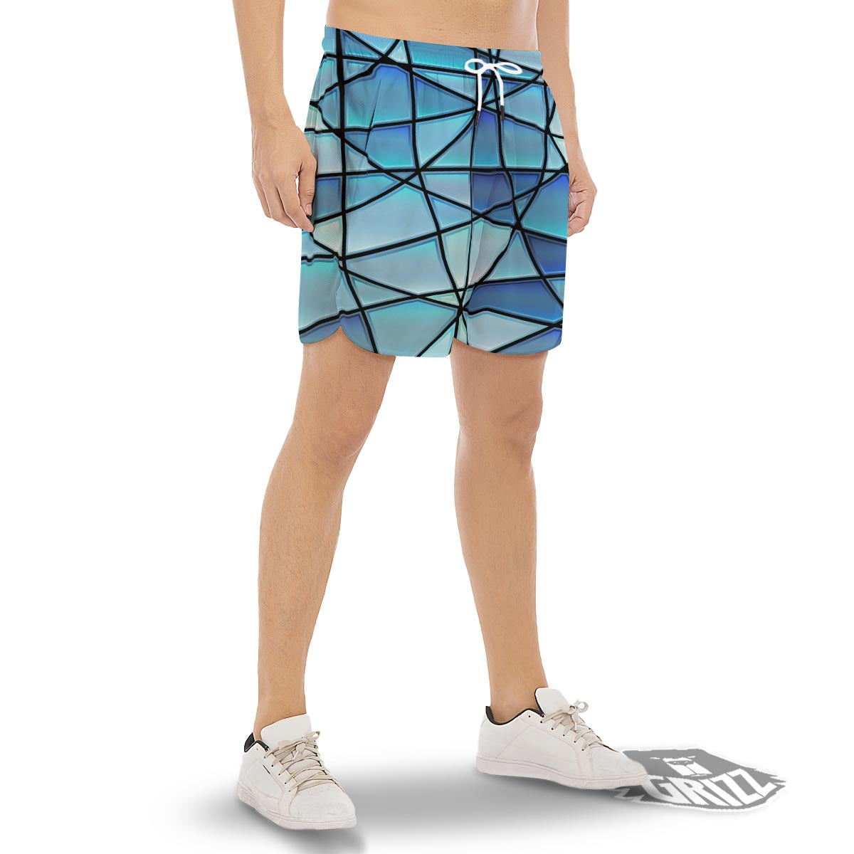 Stained Glass Mosaic Teal Print Men's Gym Shorts-grizzshop