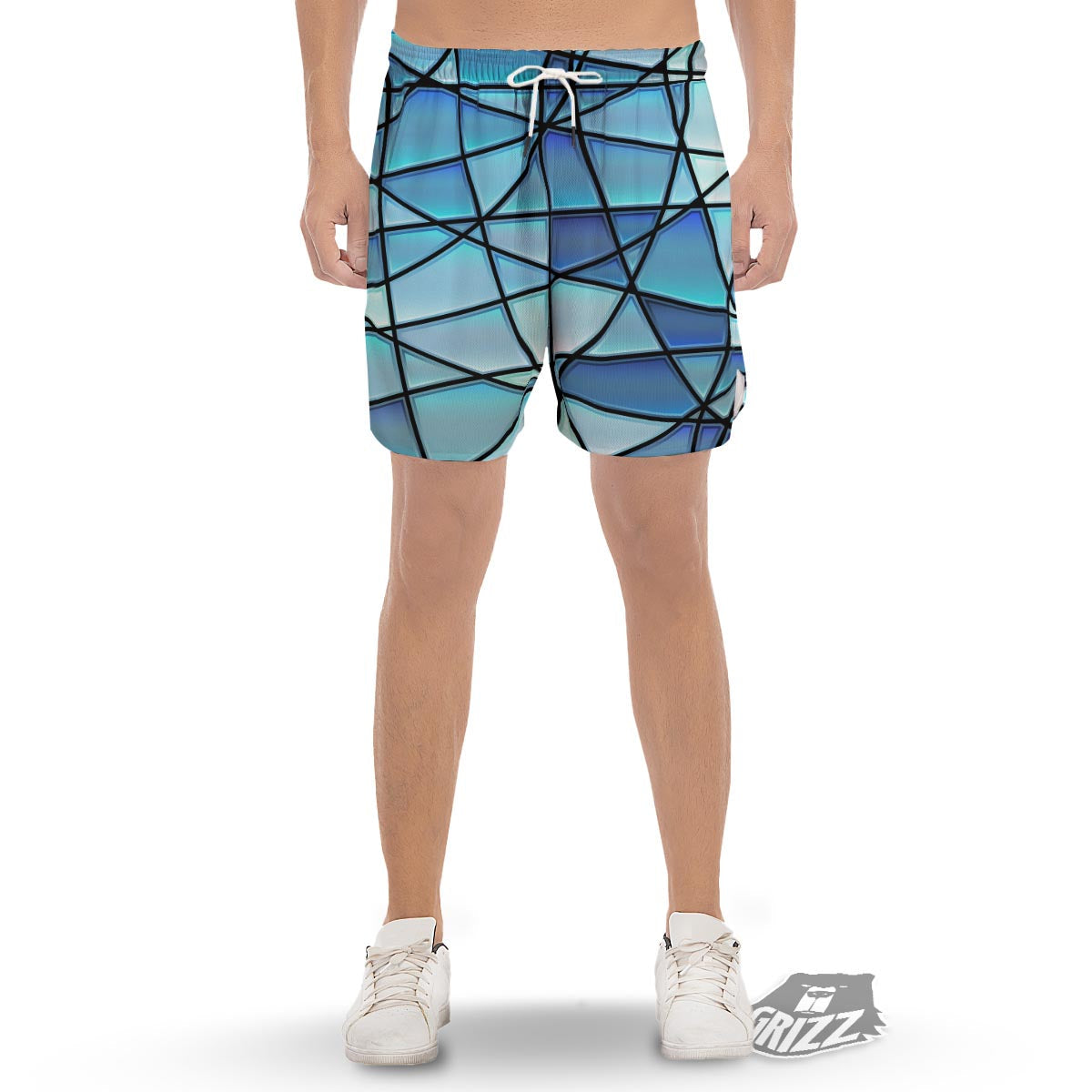Stained Glass Mosaic Teal Print Men's Gym Shorts-grizzshop