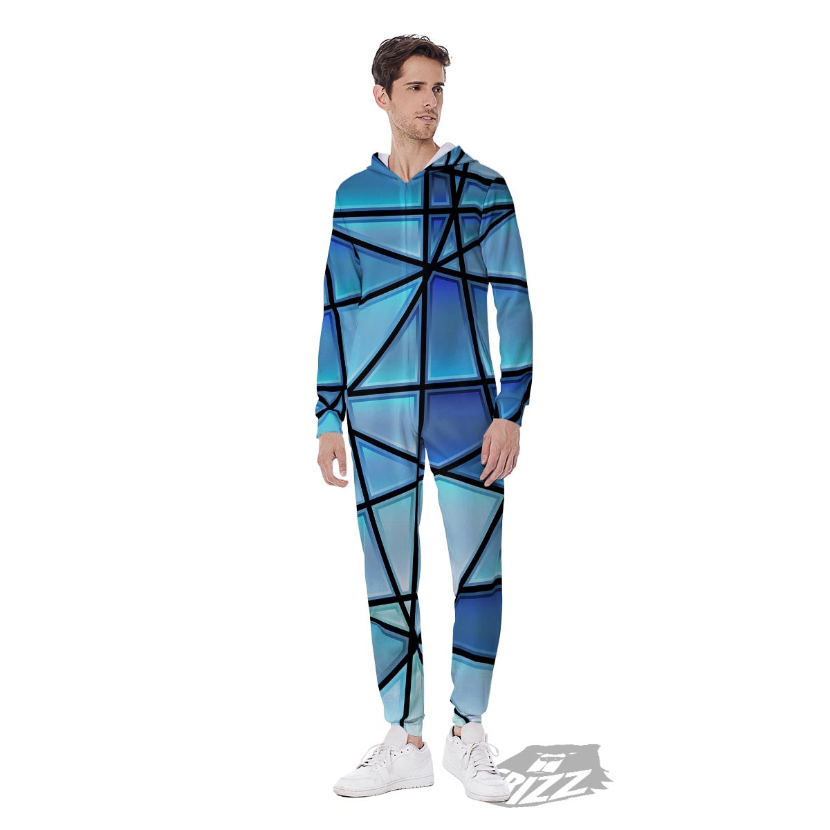 Stained Glass Mosaic Teal Print Men's Jumpsuit-grizzshop