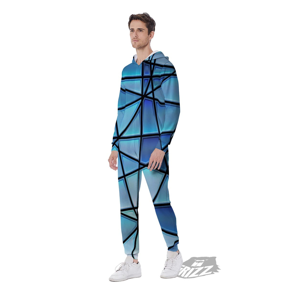 Stained Glass Mosaic Teal Print Men's Jumpsuit-grizzshop