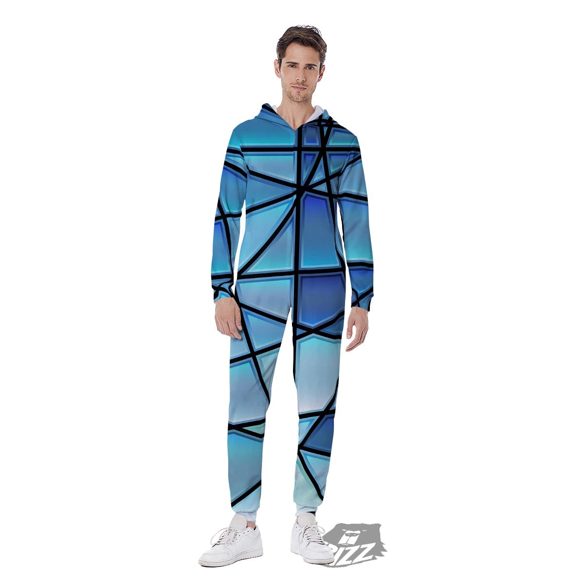 Stained Glass Mosaic Teal Print Men's Jumpsuit-grizzshop