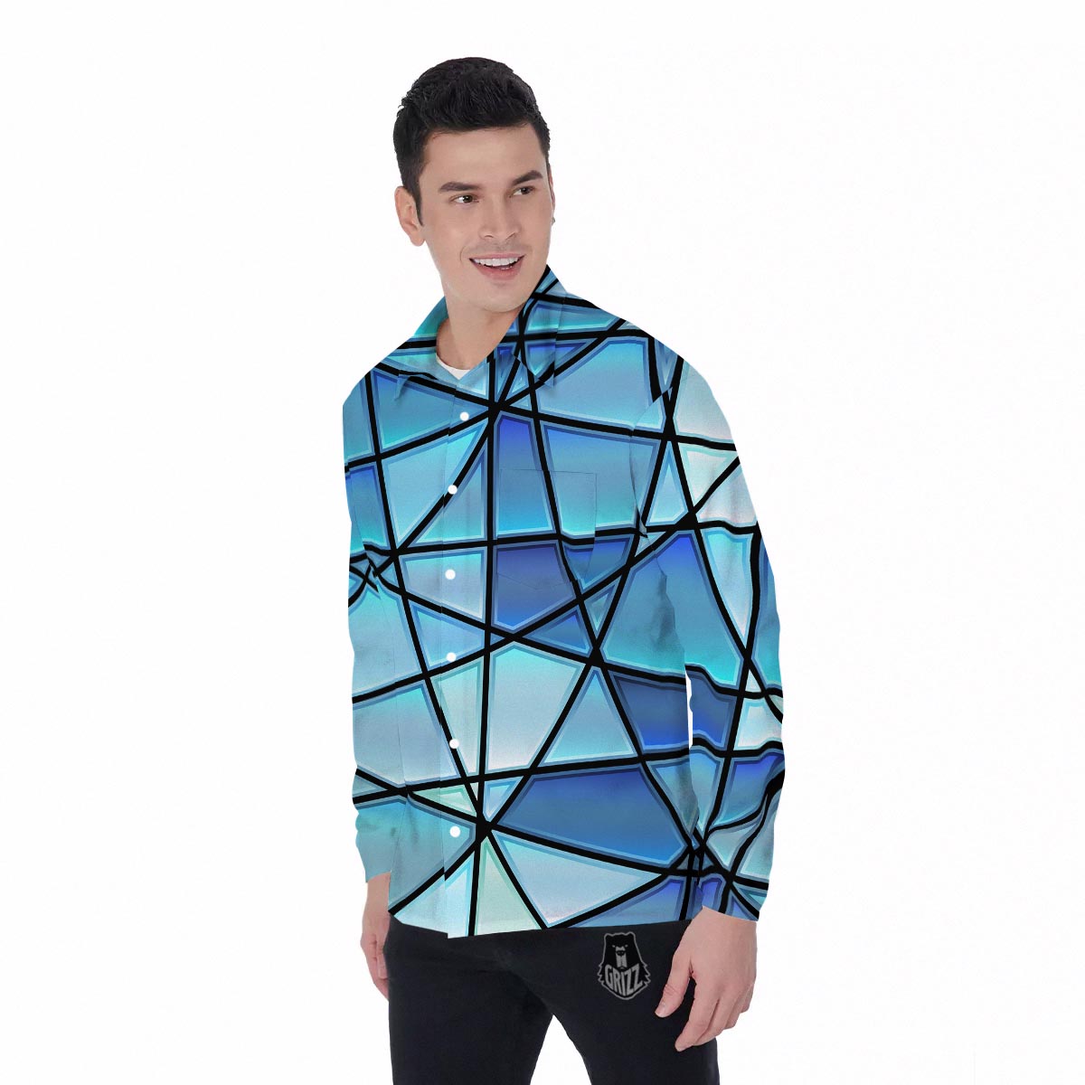 Stained Glass Mosaic Teal Print Men's Long Sleeve Shirts-grizzshop