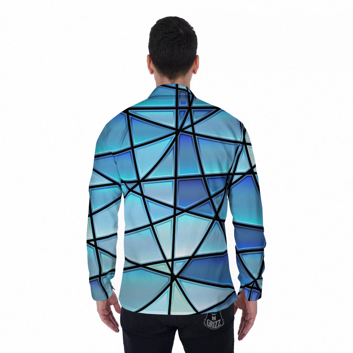Stained Glass Mosaic Teal Print Men's Long Sleeve Shirts-grizzshop
