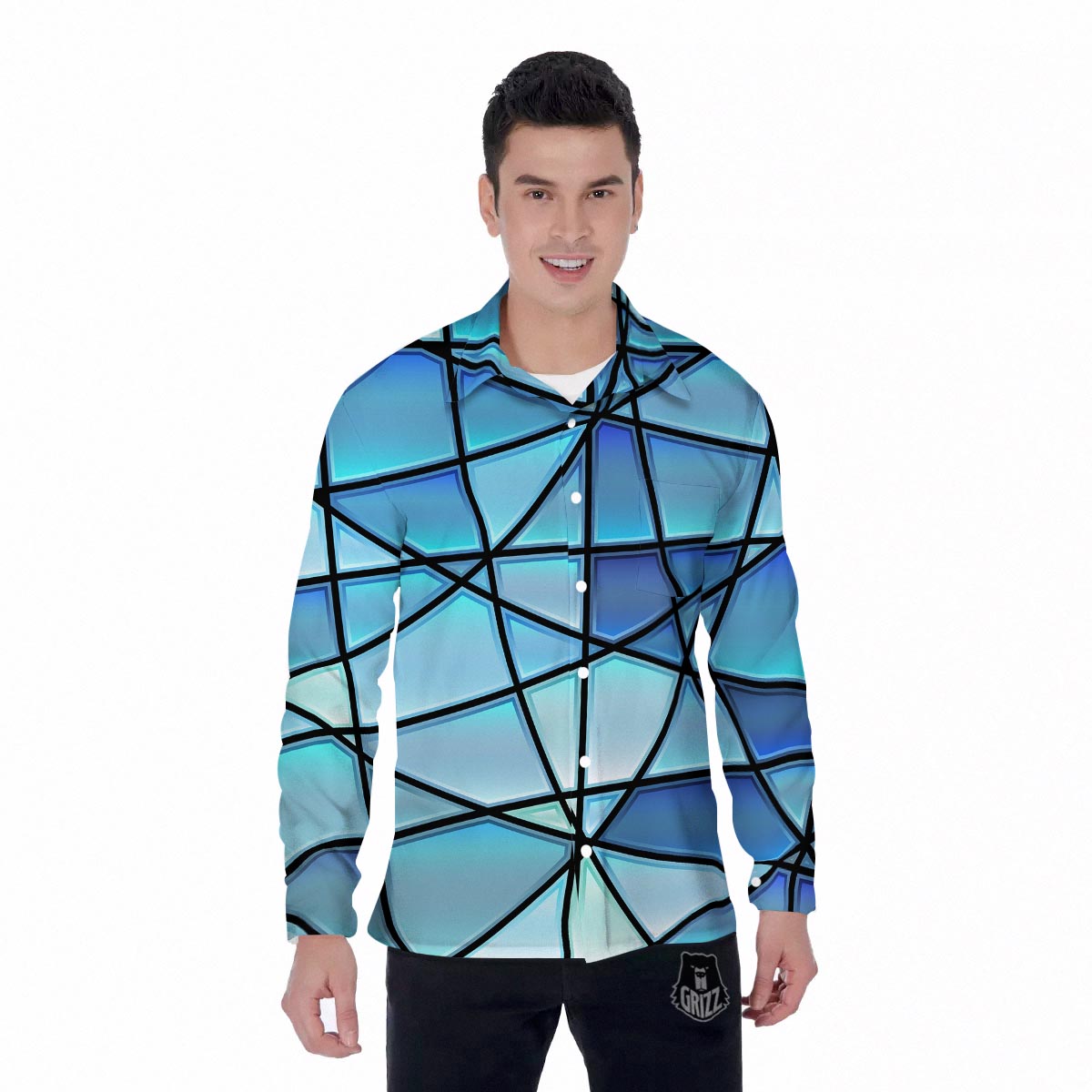 Stained Glass Mosaic Teal Print Men's Long Sleeve Shirts-grizzshop