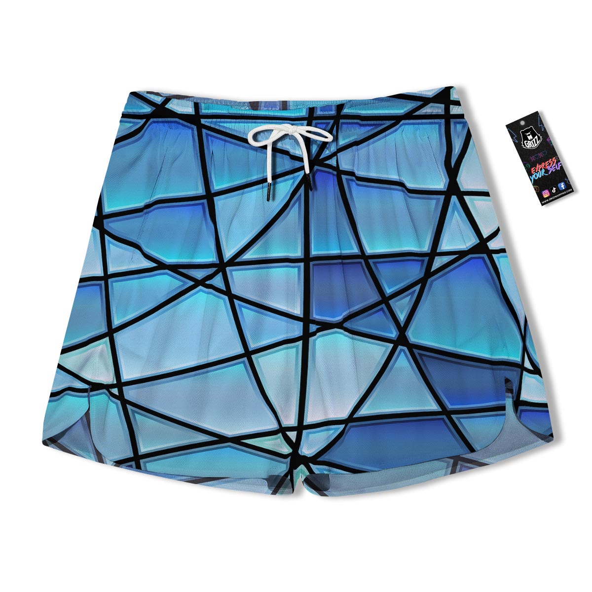Stained Glass Mosaic Teal Print Men's Running Shorts-grizzshop