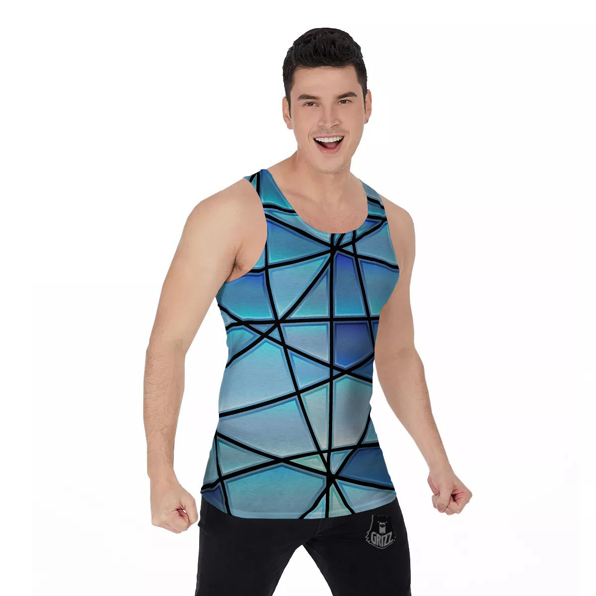 Stained Glass Mosaic Teal Print Men's Tank Top-grizzshop