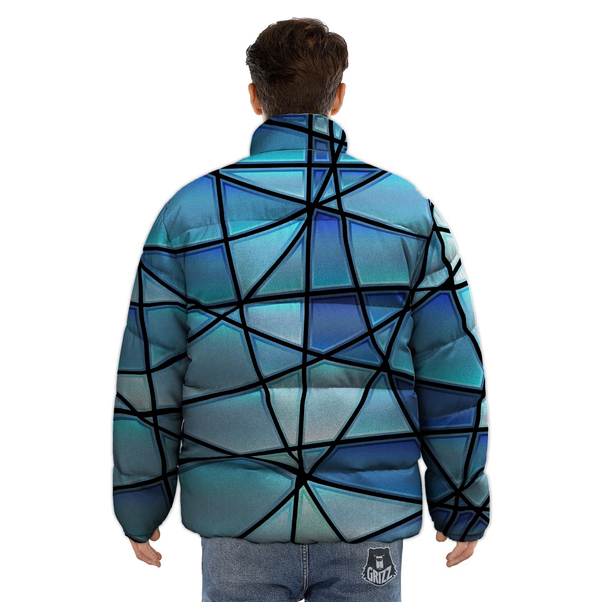 Stained Glass Mosaic Teal Print Puffer Jacket-grizzshop