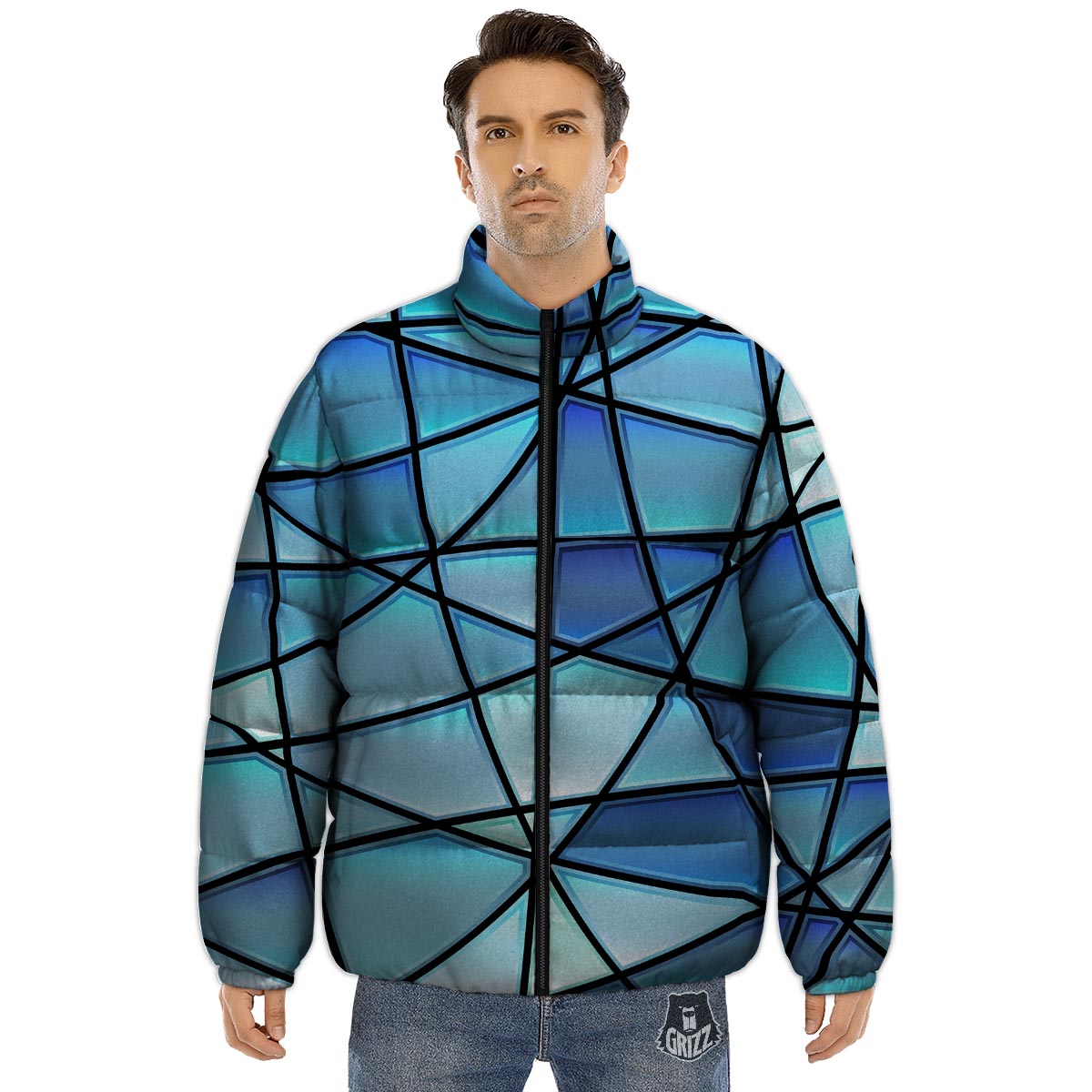 Stained Glass Mosaic Teal Print Puffer Jacket-grizzshop