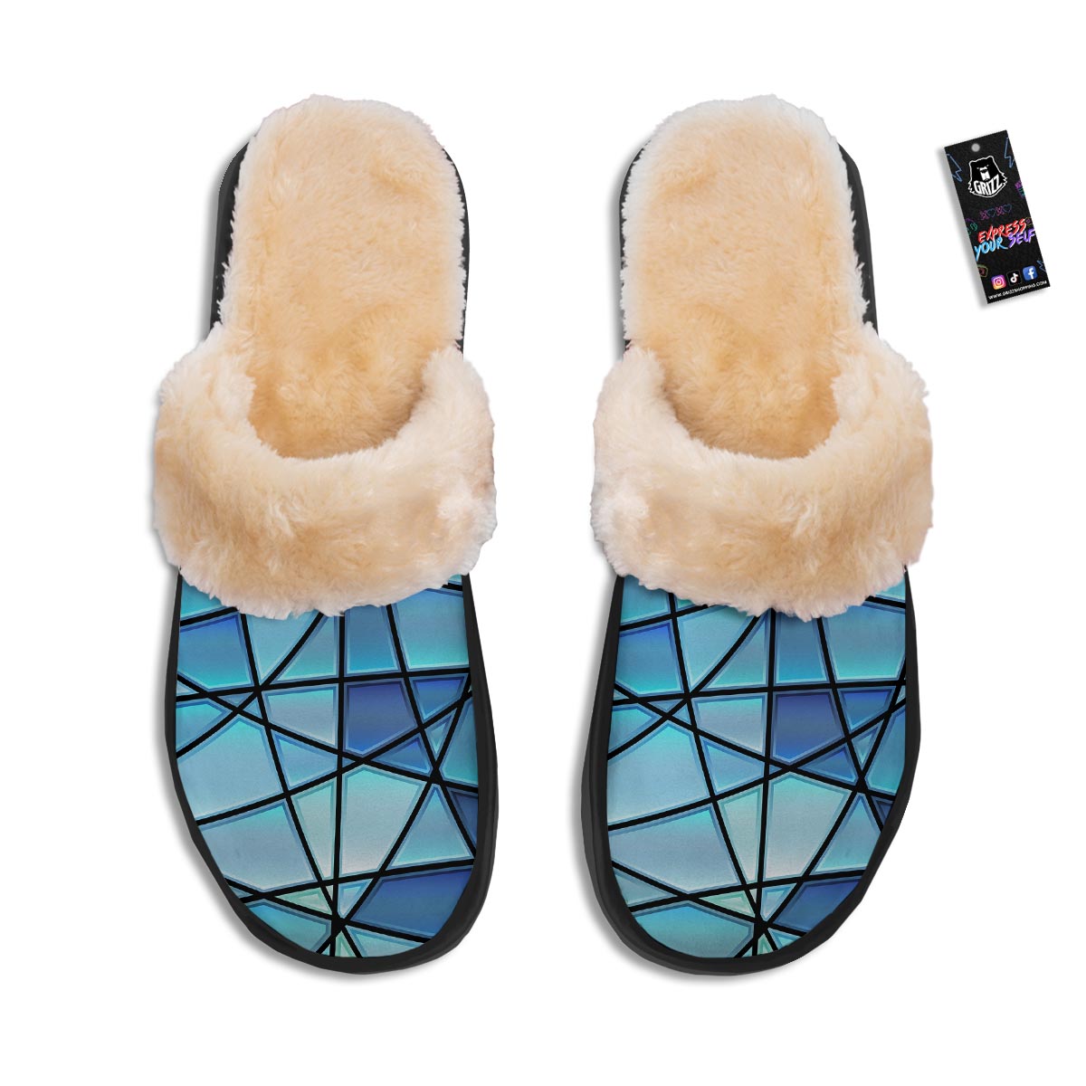 Stained Glass Mosaic Teal Print Slippers-grizzshop