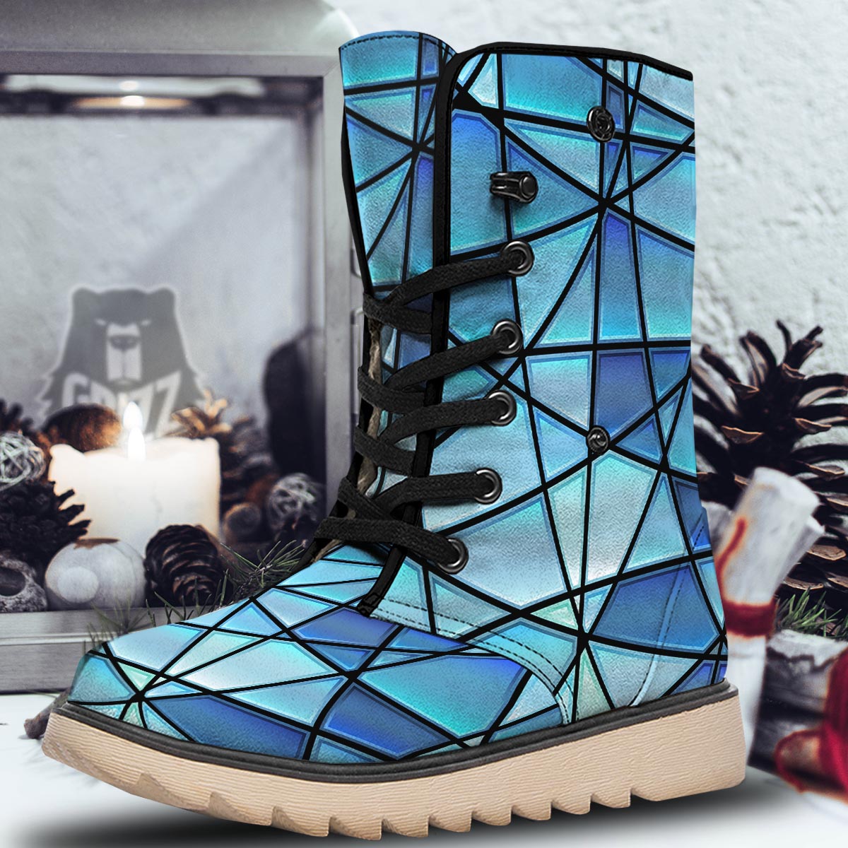 Stained Glass Mosaic Teal Print Snow Boots-grizzshop