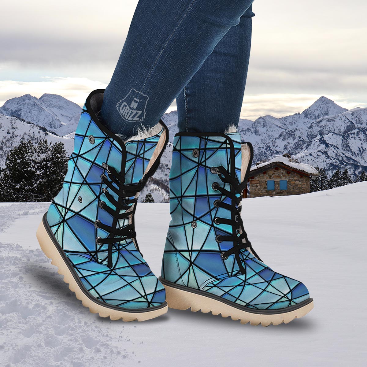 Stained Glass Mosaic Teal Print Snow Boots-grizzshop
