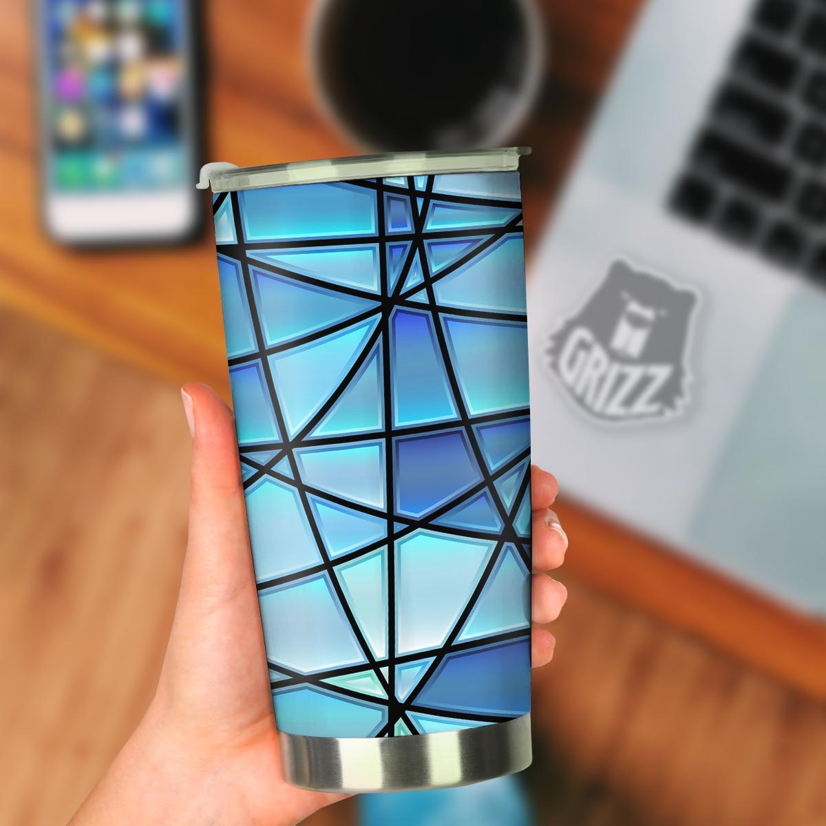Stained Glass Mosaic Teal Print Tumbler-grizzshop