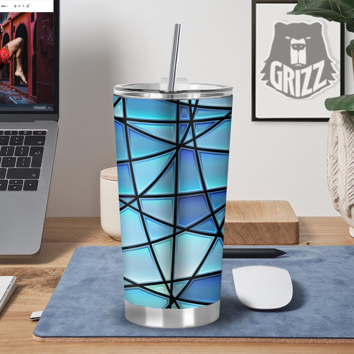 Stained Glass Mosaic Teal Print Tumbler-grizzshop