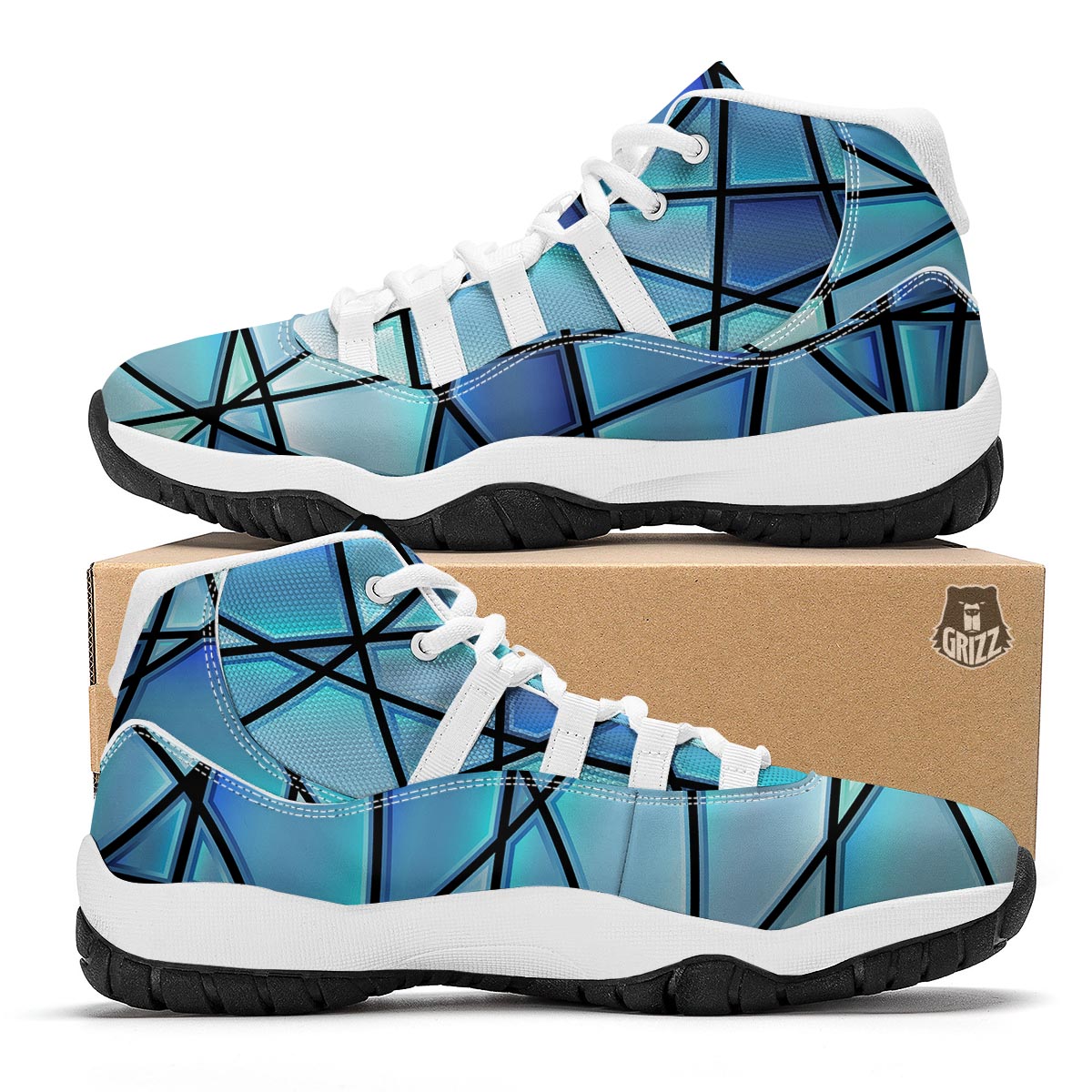 Stained Glass Mosaic Teal Print White Bball Shoes-grizzshop