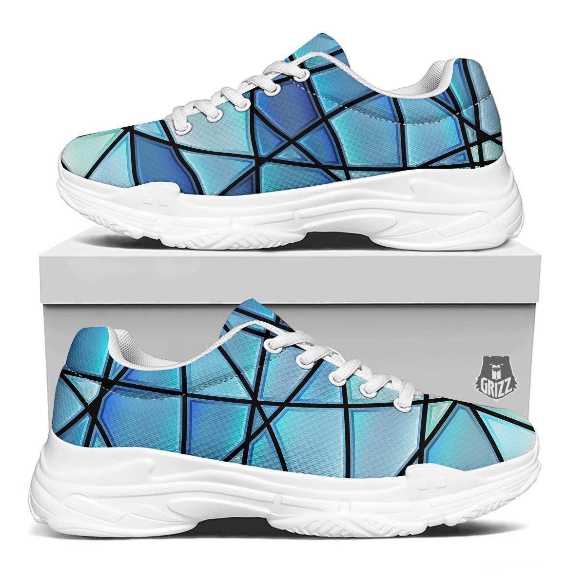 Stained Glass Mosaic Teal Print White Chunky Shoes-grizzshop