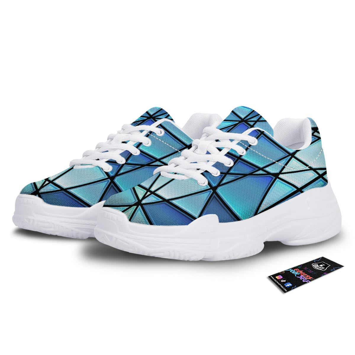 Stained Glass Mosaic Teal Print White Chunky Shoes-grizzshop