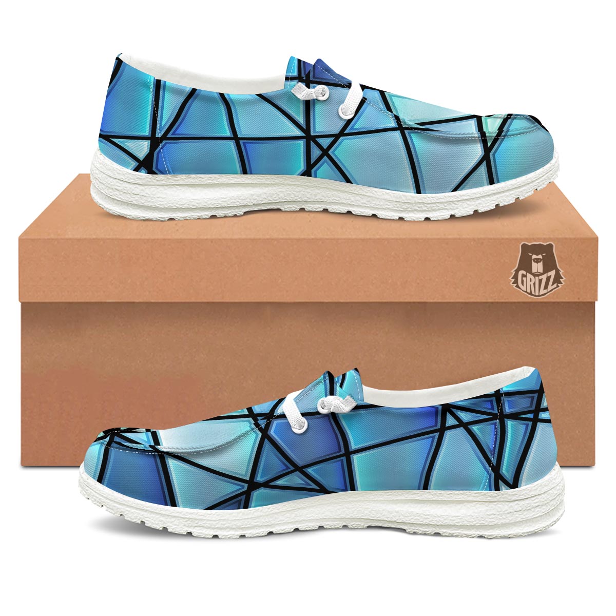Stained Glass Mosaic Teal Print White Loafers-grizzshop