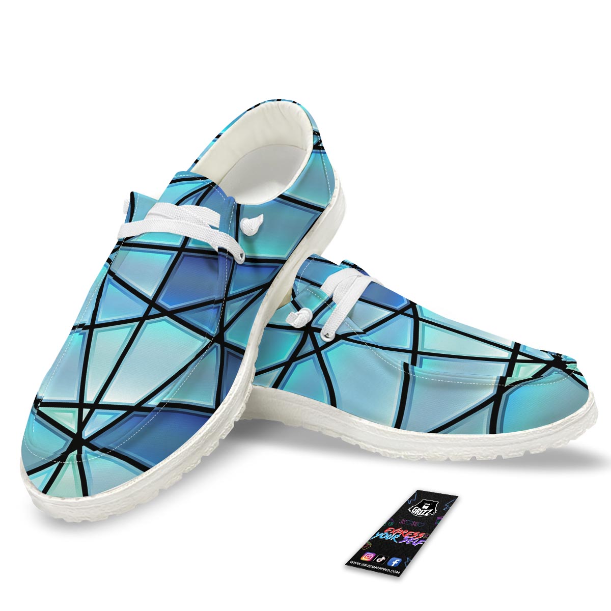 Stained Glass Mosaic Teal Print White Loafers-grizzshop