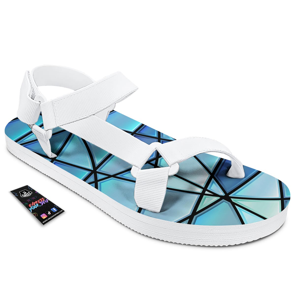 Stained Glass Mosaic Teal Print White Open Toe Sandals-grizzshop