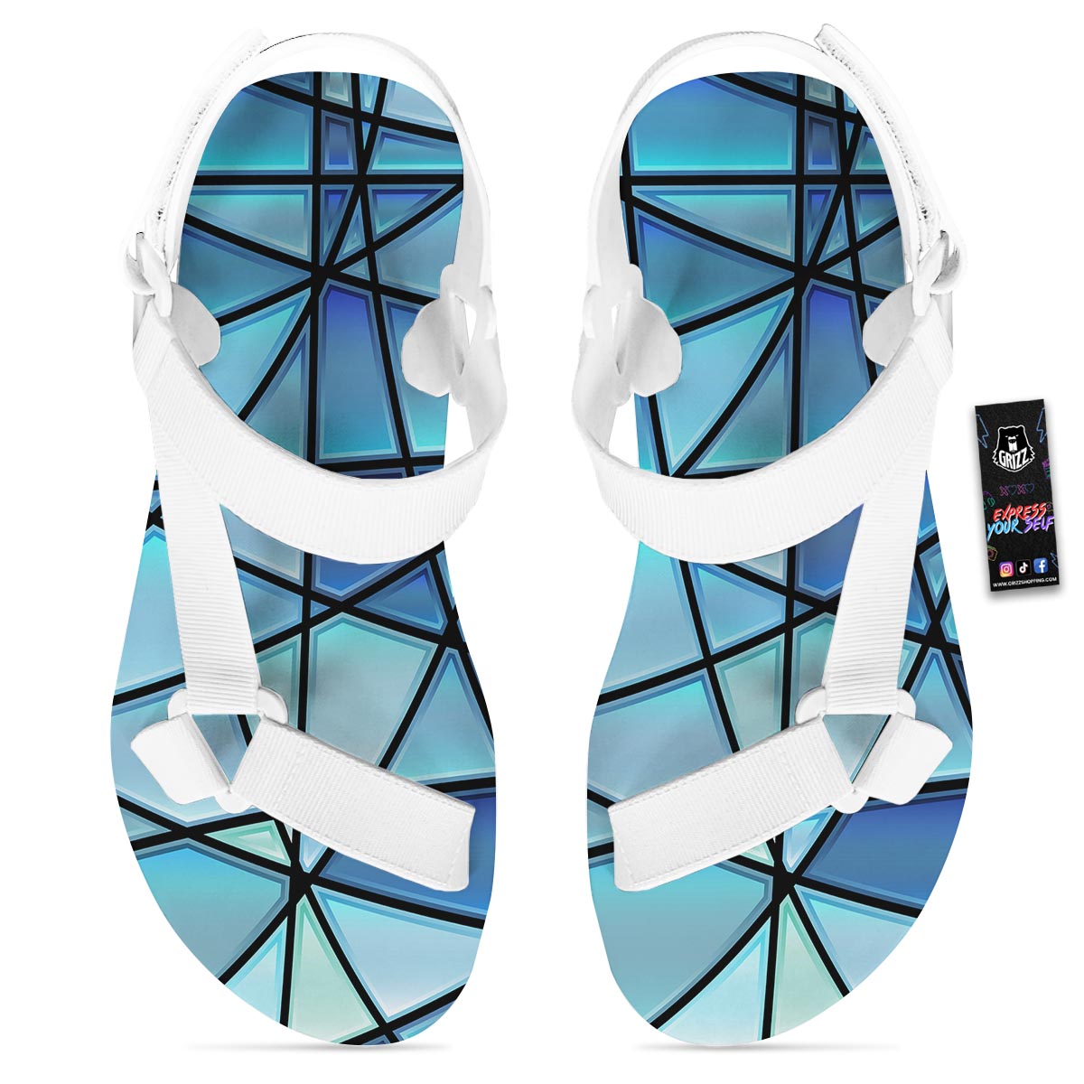 Stained Glass Mosaic Teal Print White Open Toe Sandals-grizzshop