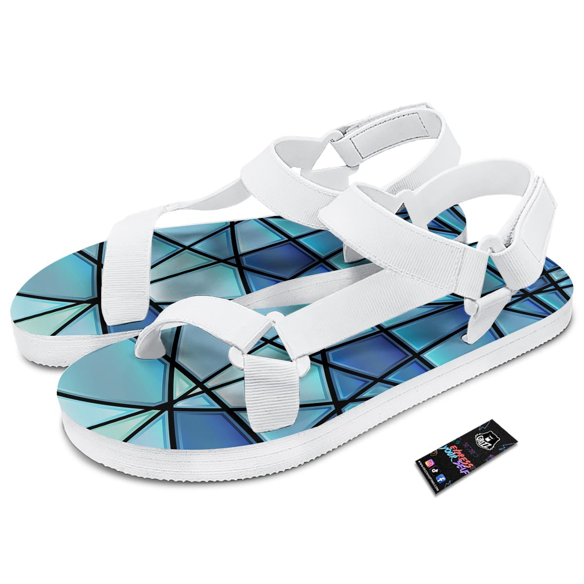 Stained Glass Mosaic Teal Print White Open Toe Sandals-grizzshop