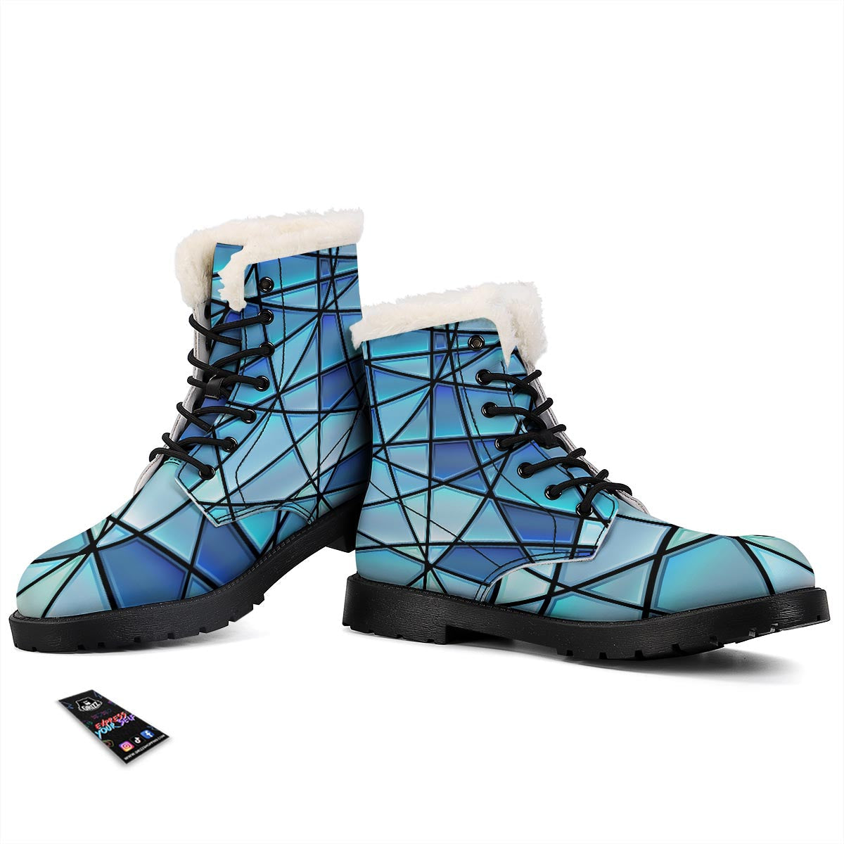 Stained Glass Mosaic Teal Print Winter Boots-grizzshop